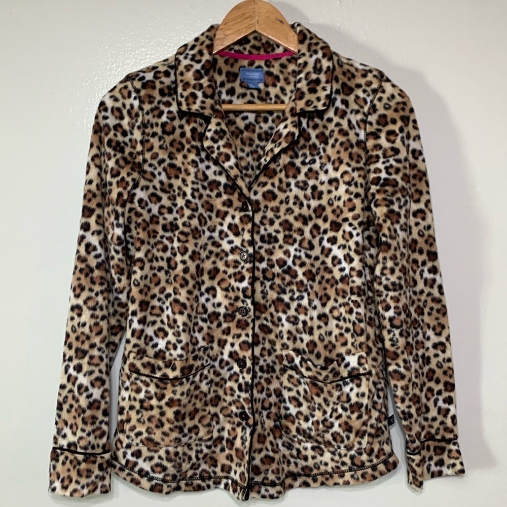 Simply Vera Vera Wang Leopard Print Fleece Button Down Pajama Top Size S
